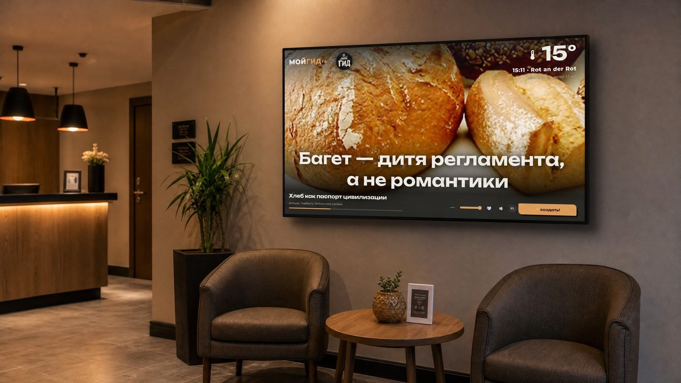 МОЙГИДтв на экране в холле отеля